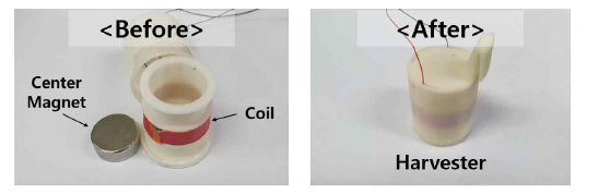 에너지 하베스팅 시작품 조립 전(좌) 및 조립 후(우)