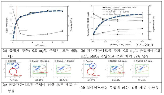 과망강산염 주입에 따른 조류 제거 및 세포 손상율 *(a), (b): Pengchao Xie et al. Environ. Sci. Technol. 2013, 47, 14051−14061 *(c), (d): 녹조 발생 시 정수처리 선진화를 위한 산화제 및 공정화 기술 개발 보고서(KIST, 2016)