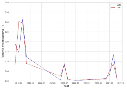 2019년부터 2021년까지 창녕 함안보 지역에서 매년 6-9월에 나타난 실제 남조류 발생 규모(붉은색)와 동시기 MLR 추정 결과(파란색)를 나타낸 그래프