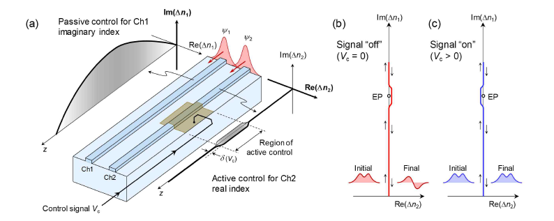 (a) NH 광변조기 도파로 구주의 구성. (b) 제어신호 off 상태의 소자 동작으로서 EP 특이점을 왼쪽으로 우회하는 adiabatic process를 따른다. (c) 제어신호 on 상태의 소자 동작으로서 EP 특이점을 오른쪽으로 우회하는 adiabatic process를 따른다