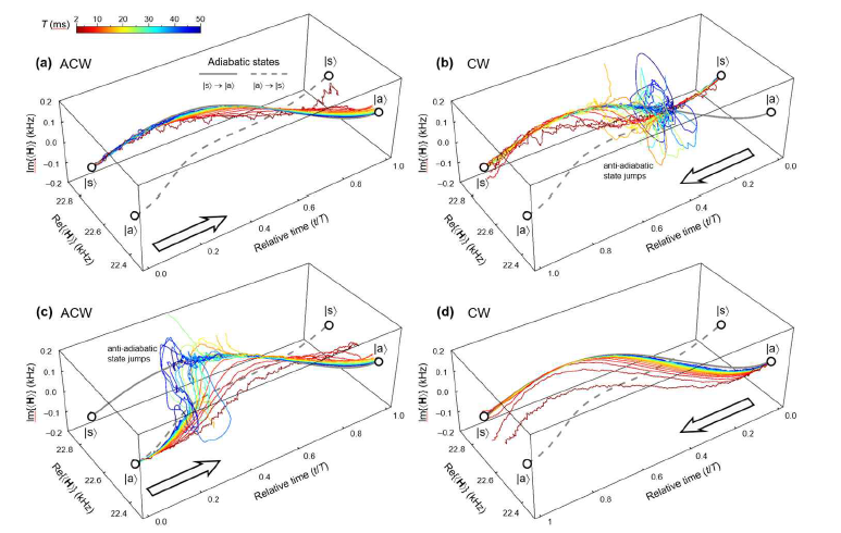EEP 제어의 동적 상태전이 전과정을 최초로 보여주는 복소 여기진폭 시간-전개 궤적의 측정 결과. (a) |y(0)〉 = |s〉 대칭 초기상태에서 수행된 반시계 방향 EEP 제어. (b) |y(0)〉 = |s〉 대칭 초기상태에서 수행된 시계 방향 EEP 제어. (c) |y(0)〉 = |a〉 반대칭 초기상태에서 수행된 반시계 방향 EEP 제어. (d) |y(0)〉 = |a〉 반대칭 초기상태에서 수행된 시계 방향 EEP 제어. 회색 실선과 회색 점선은 이상적 adiabatic state 궤적을 나타내고 암적색에서 군청색 사이의 천연색 실선은 측정된 동적상태 궤적을 나타낸다. 동적상태 궤적이 가지는 색에 따라 시간 상수 T가 다른데, 해당하는 T의 값은 좌측 상단의 색밀도 막대에 2 ms에서 50 ms 범위로 표시되어 있다