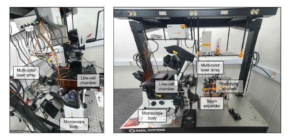 PALM/STORM 초고해상도 현미경 셋업 (좌) 측면 사진, (우) 정면 사진. 살아있는 단일세포 초고해상도 이미징을 통한 모니터링 시스템 구축