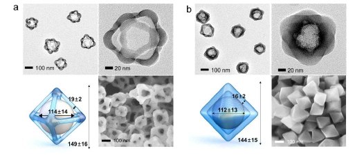 Igepal 520/720 시스템에서 합성된 나노구조체 이미지 a) nanoframe, b) octahedron