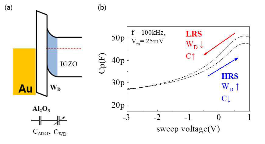 (a) Al2O3/IGZO 시냅스 소자의 저항변화 메커니즘 모식도, (b) Capacitance-Voltage 측정을 통한 depletion layer의 변화