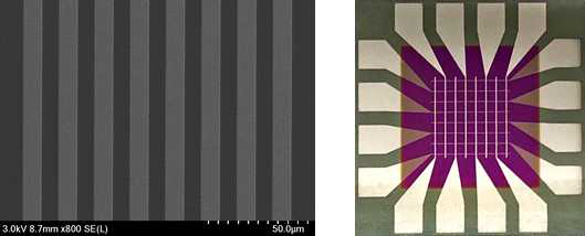 Shadow mask를 통한 100 um pattern(좌), 8 X 8 cross-point array