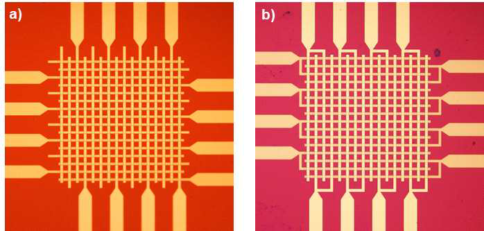 Photolithography 방식을 적용한 Cross point 구조를 관찰한 현미경 이미지. a) 8 x 8 array, b) 16 x 16 array