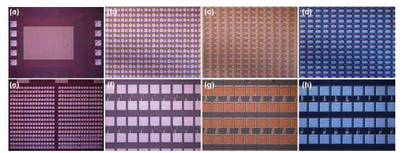 (a) array용 TEG, (b) TiN 하부전극, (c) TaOx 증착 후 Via 공정, (d) Pt 상부전극, (e) 단일소자용 TEG, (f) TiN 하부전극, (g) TaOx 증착 후 Via 공정, (h) Pt 상부전극