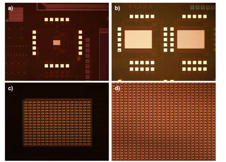 (a) 16 X 16 CMOS 뉴런 TEG, (b) 32 X 32 CMOS 뉴런 TEG, (c) 16 X 16 시냅스 어레이 (d) 32 X 32 시냅스 어레이