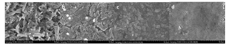 CNT 함량이 a) 2.5, b) 25, c) 50, d) 75 wt%인 Se/CNT 복합 열전소재의 SEM 이미지