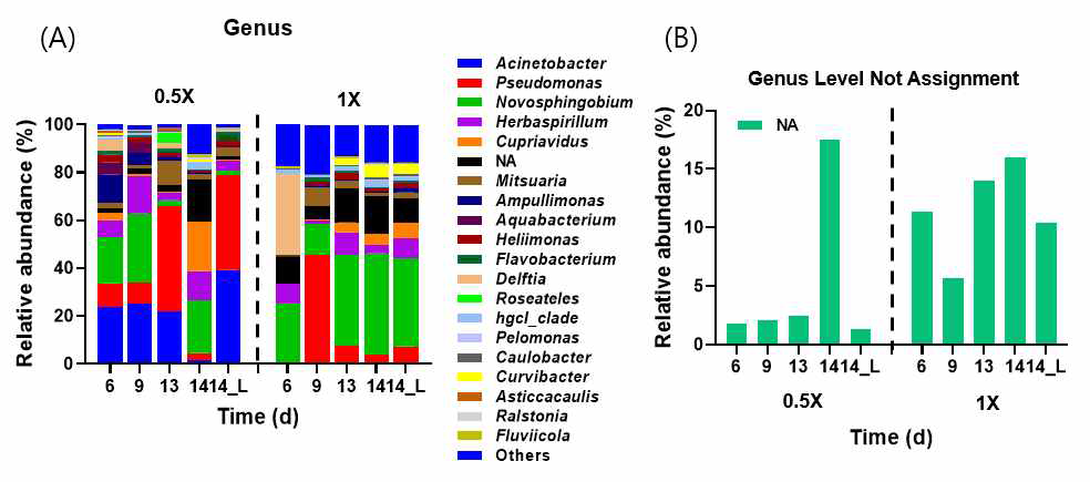 미세유체칩의 배양기간에 따른 생장 박테리아 분류군별 조성의 변화(A) 및 신종 확률의 변화(B)