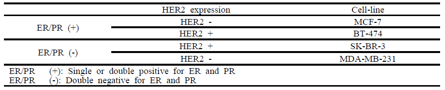 4종의 유방암세포주의 바이오마커 발현 특성