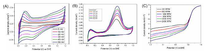 (A) 다양한 스캔 속도에서 Pt-Ru WO3/C의 CV 연구. (B) 다양한 RPM에서 1M 메탄올 및 (C) WO3/C의 LSV 곡선이 있는 경우 다양한 스캔 속도에서 Pt-Ru WO3/C의 CV 연구