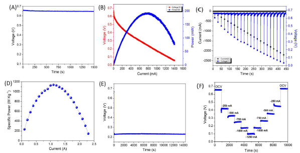 Pt/graphene 및 PtRu/graphene 전기촉매 기반 DMFC의 성능 평가. (A) OCV 프로파일, (B) 분극 곡선, (C) 펄스 방전 곡선, (D) 다중 전류 분석, (E) 방전 테스트 및 (F) 피크 펄스 전력 밀도