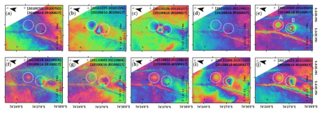 (a–j) A series of DDInSAR images of Campbell Glacier near the anomalies A and B. One color cycle represents 2π phase. The dotted circles A and B were drawn based on (e) and their locations are identical at each image for comparison