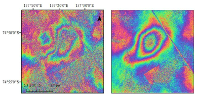DDInSAR 영상에서 나타난 원형 신호의 실제 변위 분석. 변위는 2cm로 rewrap되어 하나의 color cycle은 2cm의 변위를 의미함. (좌)빙하 흐름 방향으로의 변위, 약 3 cm, (우)수직방향으로 하강하는 변위, 약 5 cm
