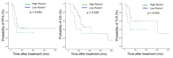49명의 폐암환자들의 Romo1발현 정도에 따른 PFS, OS 및 TLR 비교