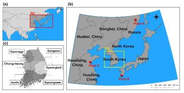 Areas used in this study: (a) area for nVTCI calculation, (b) analysis area and (c) verification area for remote sensing data applicability