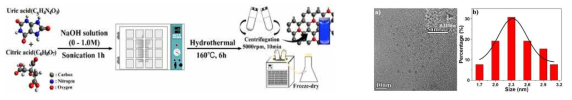 Schematic diagram of carbon dot synthesis. TEM images of CDs (inset shows HR-TEM images of CDs). Size distribution of CDs