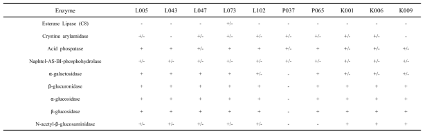 Enzyme characterizations of candidates by API ZYM kit