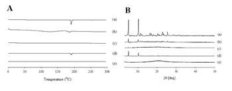 DSC thermograms (A), PXRD patterns (B) : (a), drug powder; (b), physical mixture of drug, Labrasol and PVP; (c), solid dispersion; (d), physical mixture of drug and Aerosil; (e), solid SNEDDS