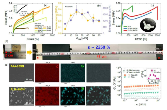 (a) 구형 실리카 나노 입자 함량 변화에 따른 stress-strain 결과; (b) 실리카 함량 변화에 따른 연신 강도와 연신율 결과; (c) 메조포러스 실리카 나노입자 기반 PLiA-MSN의 stress-strain 결과; (d) 우수한 신축성을 나타내는 이완 및 신장 상태 사진; (e) PAA-SN(상단) 및 PLiA-SN(하단)의 단면 FE-SEM 이미지와 C와 Si의 EDS 원소 mapping; (f) 저장(G’) 및 손실(G’‘) 모듈러스 비교