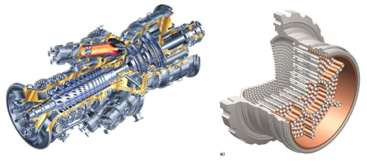 발전 가스터빈 엔진 내부 구조 (좌) 및 RD-170 액체추진로켓 엔진의 인젝터와 노즐 마운트 단면 (우)