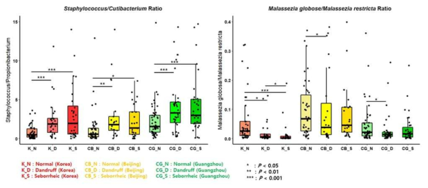 한국인과 중국인의 두피 마이크로바이옴 내 Staphylococcus / Cutibacterium 비율(ratio)과 Malassezia globose / Malassezia restricta의 비율 양상