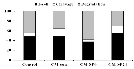 Population of embryos at 1-cell, cleavage, and degradation stage after in vitro fertilization in conditioned medium (CM) co-incubated with spermatozoa