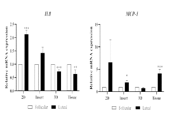 The expression of chemokine s (IL8 and MCP-1) in 2D, insert dish, 3D and tissue culture of follicles and luteal phase in pigs (p<0.05)