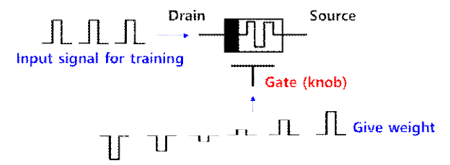 Memtransistor 소자의 electronic symbol, gate knob을 이용한 weight update 제어