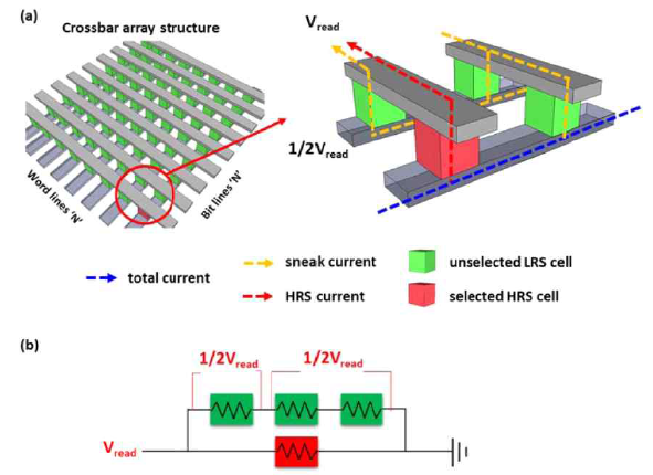 (a) Crossbar array architecture 모식도 (좌) 읽기과정에서 sneak current path를 나타내는 모식도 (우), (b) crossbar array의 병렬구조로 인한 current path 모식도