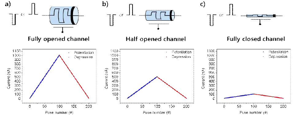 본 연구를 통하여 달성하고자 하는 switching pulse 입력 횟수 대비 저항변화 특성 커브(symmetric 특성과 선형특성 달성)이며 gate 전압을 이용하여 potentiation / depression 속도를 조절함. a) channel을 완전히 개방, b) channel을 절반만 개방, c) channel을 닫은 경우
