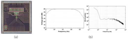 개선 된 다채널 뇌신호 기록용 집적회로 (a) 칩 사진 (b) 측정된 이득 및 잡음 특성