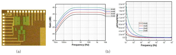 뇌신호 기록용 집적회로 (a) 칩 사진 (b) post-layout 이득 및 잡음 특성