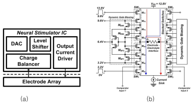 (a) 뇌신호 자극용 시스템 블록도 (b)개발 된 전류 자극 출력단의 회로 schematic