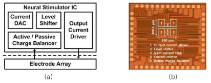개발 된 전류 자극 집적회로의 (a) 구조도 (b) 칩 사진