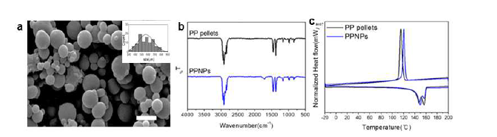 PPNPs의 특성분석. a)SEM images and size distribution, b) FTIR spectra and c) DSC graph of PP pellet and PPNPs