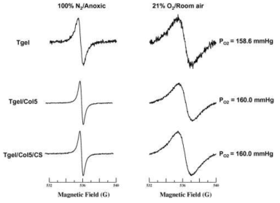 EPR의 스펙트럼 하이드로 N 미만 이 실온 공기 (21 % O 2 ). EPR-민감한 프로브 LINC 부오 혼합하여 하이드로 겔 가스 투과성 모세관 튜브에 넣고, 100 %로 플러싱 N 2 (무산소 증), 실온 공기. 하이드로 겔은 산소에 대한 투과성을 보여주는 산소 농도의 변화에 선형 반응을 보였다
