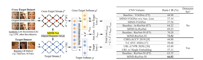 Dual-stream MIND-Net construction is constituted by a target stream and a cross-target stream that is learned simultaneously for very low-resolution face identification. The target and cross-target datasets are independent, equipping two different identity dictionaries