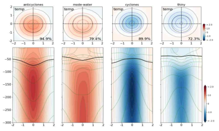 real case, RW의 조건에서의 에디들을 composite average한 결과이며, 상단은 각 유형의 에디 표면에서의 온도 anomaly이다. 아래의 그림은 온도 anomaly의 연직 구조이며, 굵은 실선은 mld이고, 초록색 선은 등밀도선이다