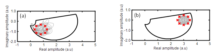 (a). 낮은 주입 비율과 작은 음의 detuning frequency에 대한 잠금 영역 내의 광학 궤적 (b). 강한 주입 비율과 큰 음의 detuning frquency에 대한 잠금 영역 내의 광학 궤적