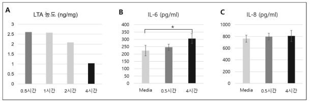 집먼지진드기 유래 E. faecalis 의 lipoteichoic acid 면역학적 특성확인. (A) 시간에 따른 집먼지진드기 유래 E. faecalis strain 추출물의 protein mg 당 LTA 농도 (ng/mg). BEAS-2B (5x10^5 cells/ml)에 추출물 (100 ug/ml) 처리 24시간 후 (B) 인터루킨-6 (IL-6) 와 (C) 인터루킨-8 (IL-8) 농도 (pg/ml) (n=4)