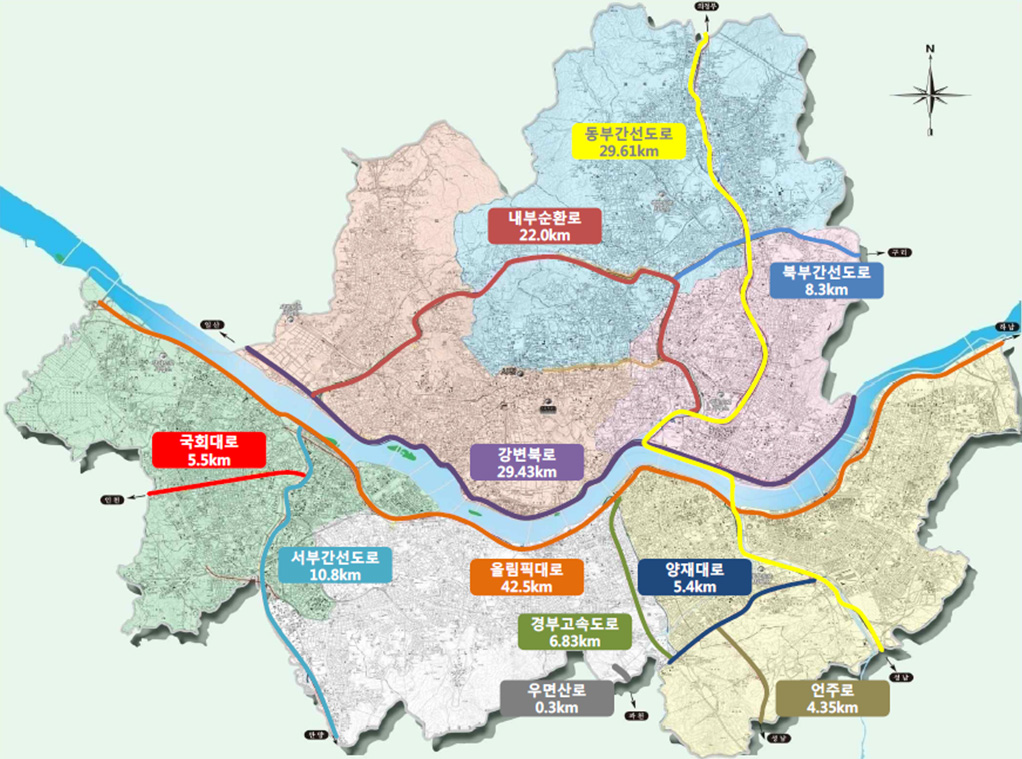 행정안전부가 선정한 서울시 내의 상습 결빙구간(2020.09.21.자료) 출처: 서울시설공단 도로환경처(2020), 자동차전용도로 상습결빙구간 관리현황 및 안전시설 개선계획