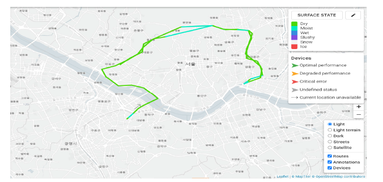 바이살라 이동형차량센서 통해 서울 내부 순환로 데이터 수집한 모습 출처: 바이살라 웹페이지 웨더피아 계정 데이터 화면(https://map.vionice.io/data)