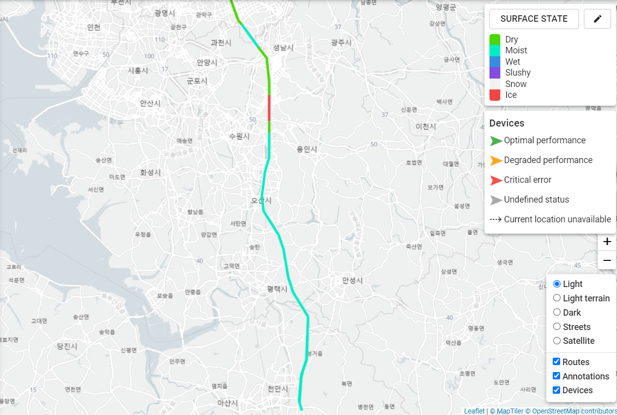 바이살라 이동형차량센서 통해 경부고속도로 데이터 수집한 모습 출처: 바이살라 웹페이지 웨더피아 계정 데이터 화면(https://map.vionice.io/data)