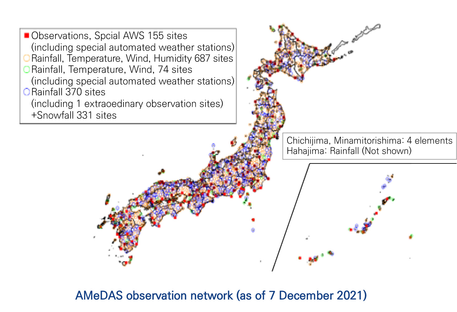 일본의 AMeDAS 관측망 (2021.11.7. 기준) 자료 : 일본기상청 사이트(https://www.jma.go.jp/jma/en/Activities/amedas/amedas.html)