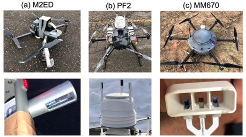 일본의 극지연구소 연구진이 활용한 드론. (위) 각 드론의 모습, (아래) 주 기상관측센서 자료 : Jun I. et al., “Toward sustainable meteorological profiling in polar regions: Case studies using an inexpensive UAS on measuring lower boundary layers with quality of radiosondes”, Environmental Research, 2022.