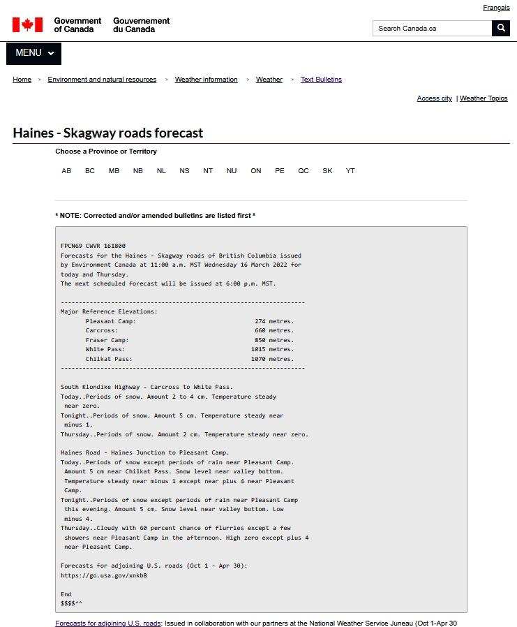 캐나다 기상청에서 제공하는 도로기상 정보 자료 : 캐나다 기상 정보 사이트 (https://weather.gc.ca/forecast/public_bulletins_e.html?Bulletin=fpcn69.cwvr, 2022.03.17.검색)