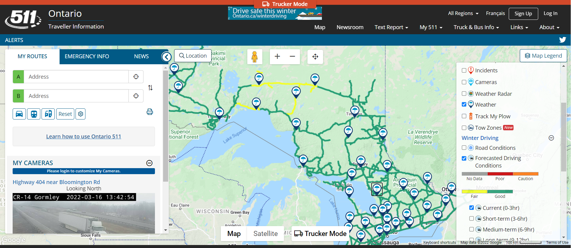 캐나다 Ontraion 511 사이트에서 지도 형태로 제공하는 도로기상 정보 자료 : 캐나다 Ontraio 511 웹사이트(https://511on.ca/?SelectedLayers=RoadConditions#:MyRoutes)