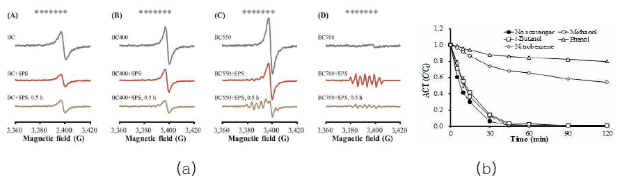 열 개질 biochar: 온도에 따른 (a) electron spin resonance spectra, (b) 반응속도에 미치는 scavenger의 영향